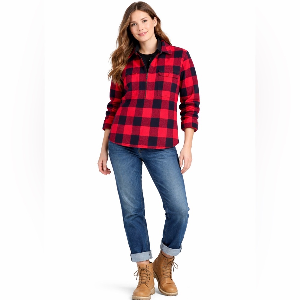 ♨️J.Crew Red Buffalo Plaid Wool Blend 1/2 Zip Flannel Shirt Jacket XS💛